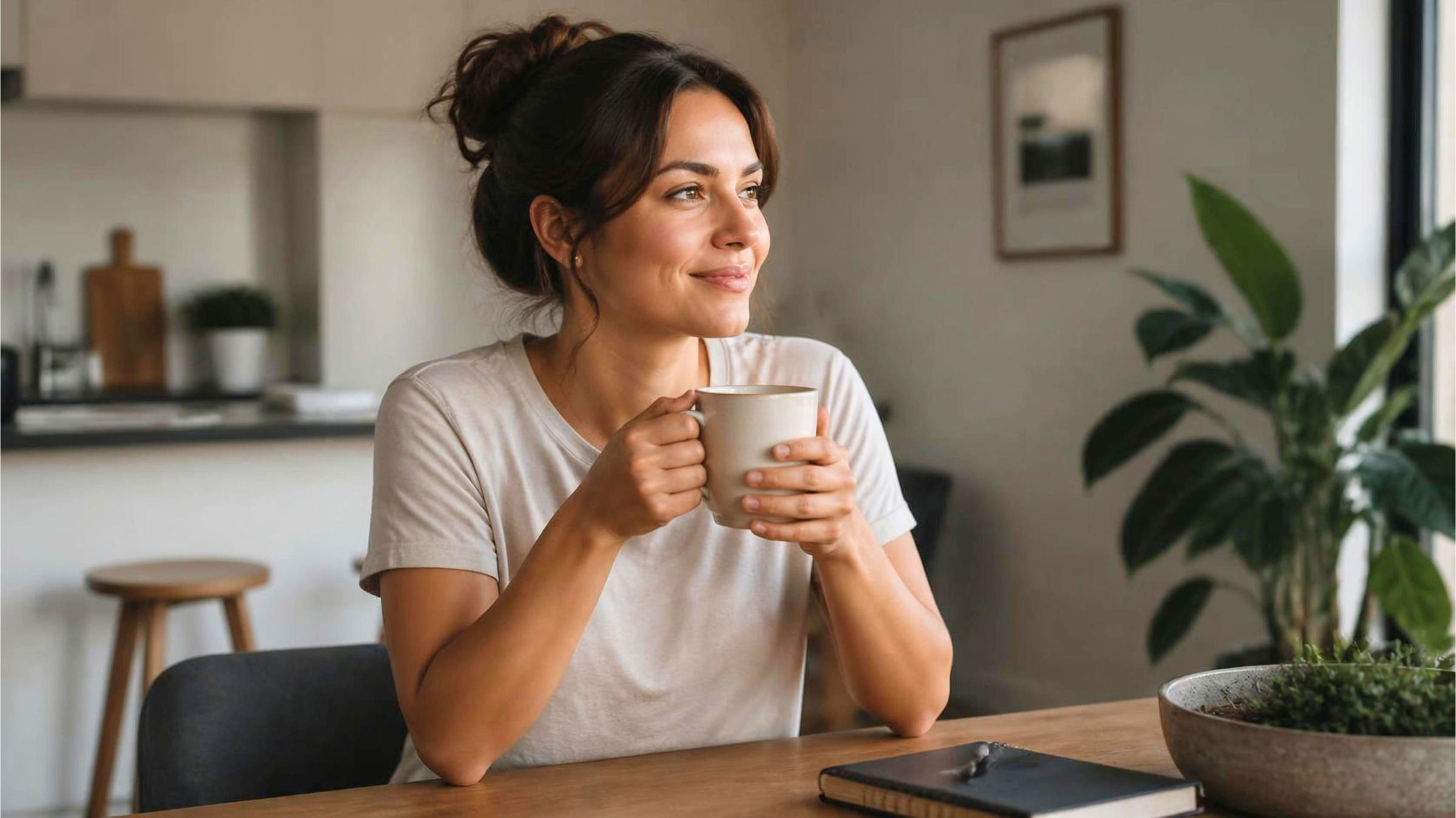 Woman enjoying a morning drink while building everyday resilience with functional mushroom support.